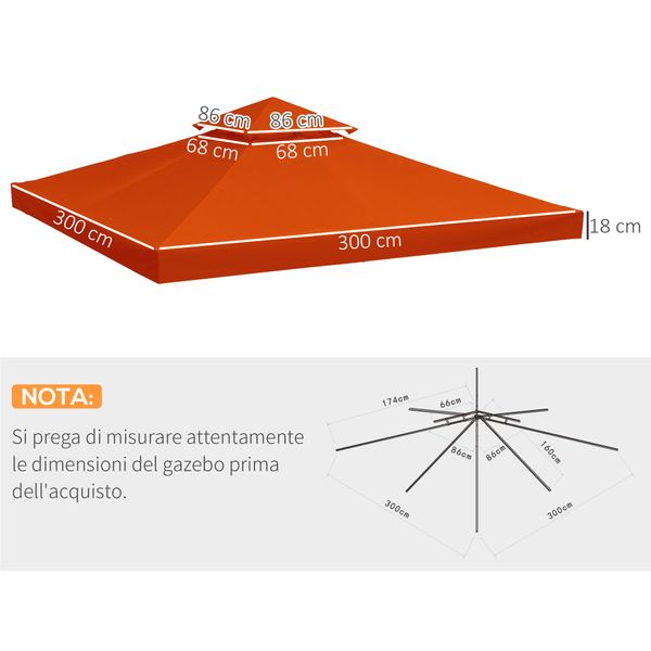 Copertura per gazebo 3x3 m a 2 livelli in poliestere resistente con 8 fori di drenaggio, rosso ruggine - 