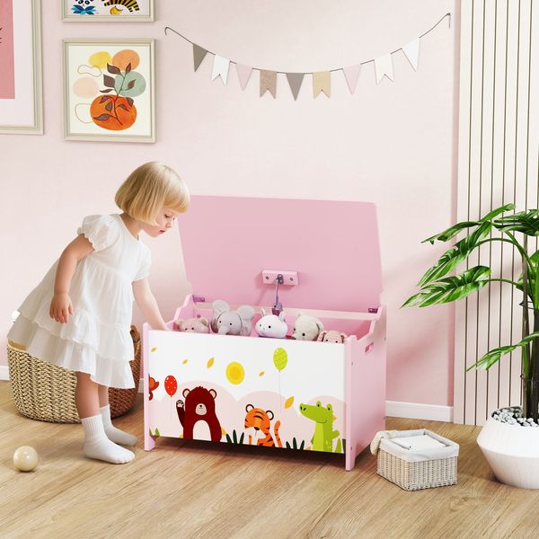 Baule portagiochi per bambini con cerniere di sicurezza in legno con disegni di animali, 60x37x39 cm, rosa - 