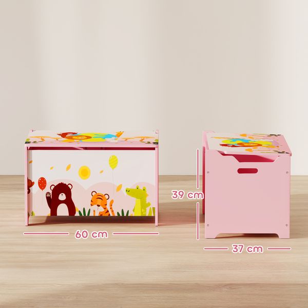 Baule portagiochi per bambini con cerniere di sicurezza in legno con disegni di animali, 60x37x39 cm, rosa - 
