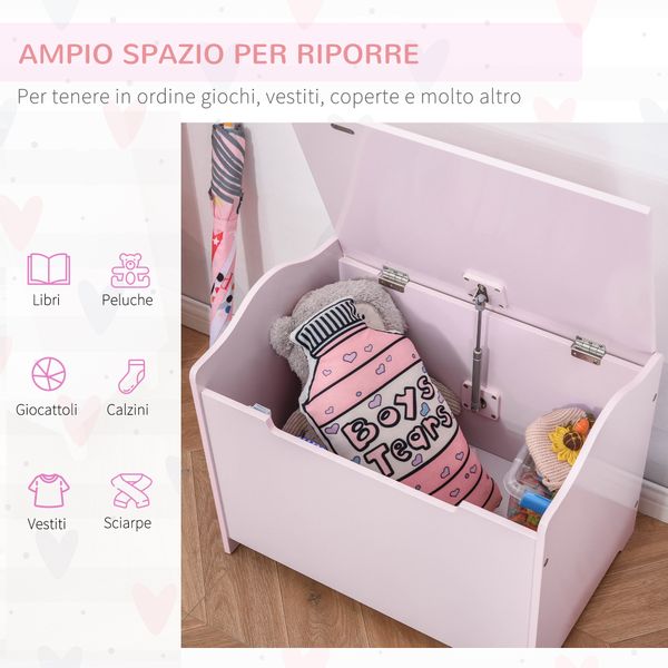 Cassapanca portagiochi in legno, panca contenitore per cameretta coperchio con pistone pneumatico, 60x40x48cm, rosa - 