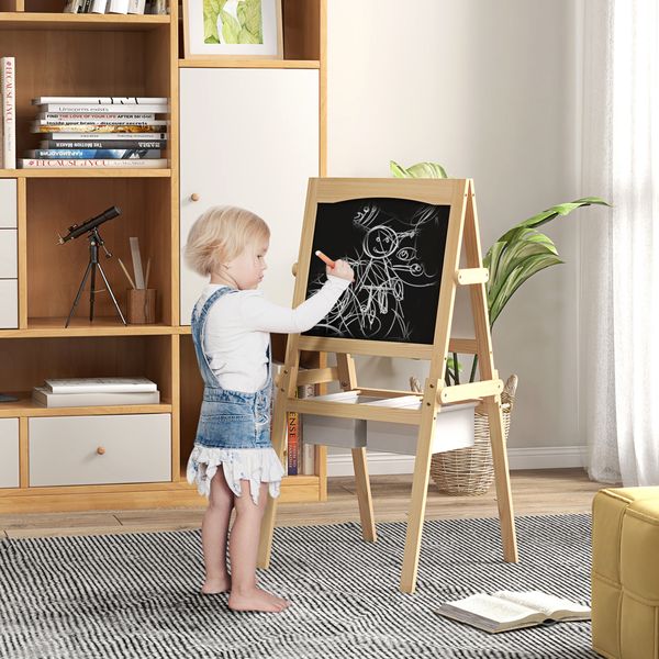 Lavagna per bambini con cavalletto 3 in 1 e cestini, età 3-6 anni, 58x50.5x109cm, color legno - 