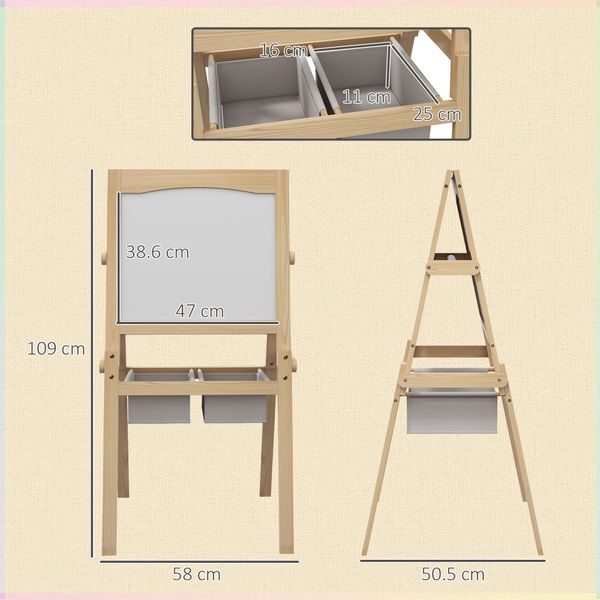 Lavagna per bambini con cavalletto 3 in 1 e cestini, età 3-6 anni, 58x50.5x109cm, color legno - 