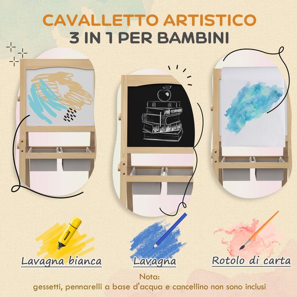 Lavagna per bambini con cavalletto 3 in 1 e cestini, età 3-6 anni, 58x50.5x109cm, color legno - 
