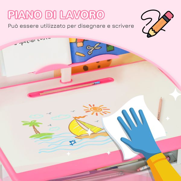 Banco scuola con sedia ad altezza regolabile per bambini 6-12 anni, acciaio e mdf, rosa - 