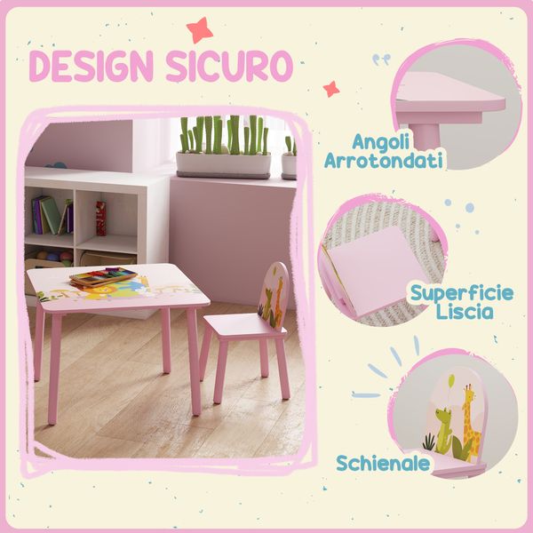 Set tavolo e sedie per bambini 3-8 anni con motivi animali e bordi arrotondati, in mdf e legno di pino rosa - 