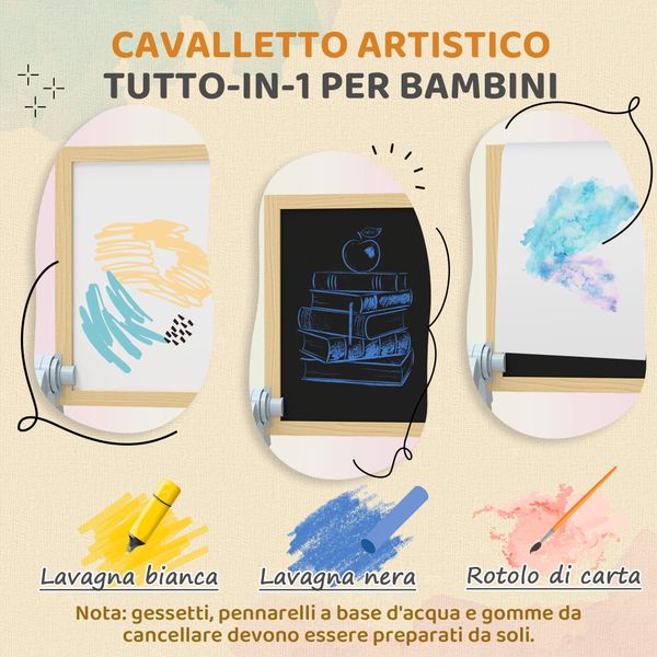 Cavalletto per bambini doppia lavagna per gesso e pennarelli, lavagnetta magnetica e rotolo di carta, legno - 