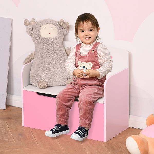 Panca contenitore con schienale in legno per bambini da 3-6 anni, 60x30x50 cm, rosa - 