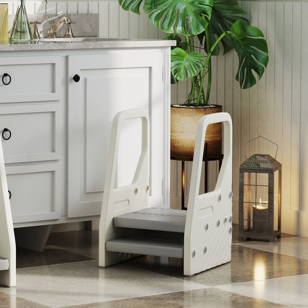 Sgabello per bambini 2-5 anni a 3 gradini in hdpe, 43x42x65.5 cm, grigio e bianco crema - 