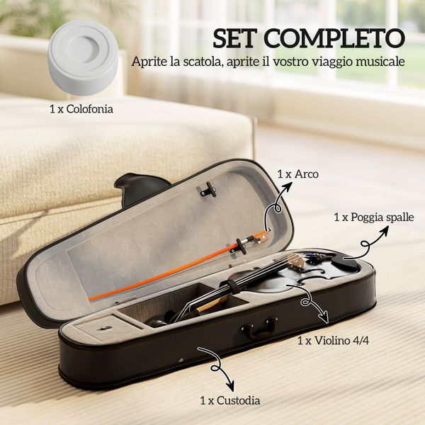 Violino 4/4 in legno di abete e acero con custodia, arco, spalliera e pece, nero - 