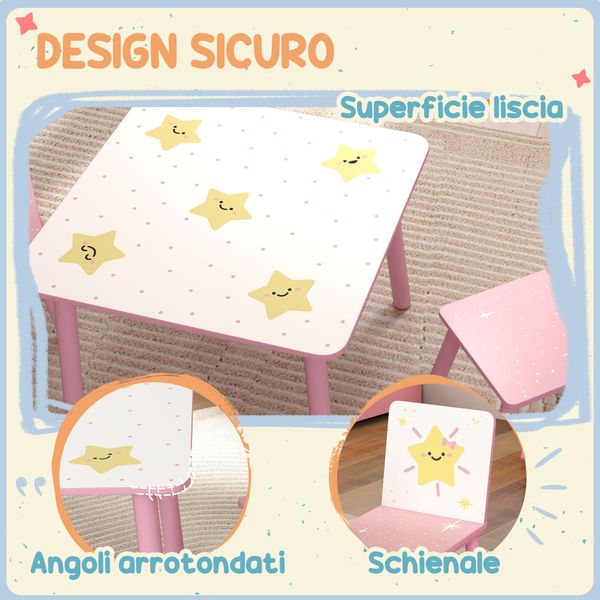 Set arredo cameretta con tavolo e 2 sedie, altezza adatta per bambini da 3-8 anni con fantasia a stelle, rosa - 