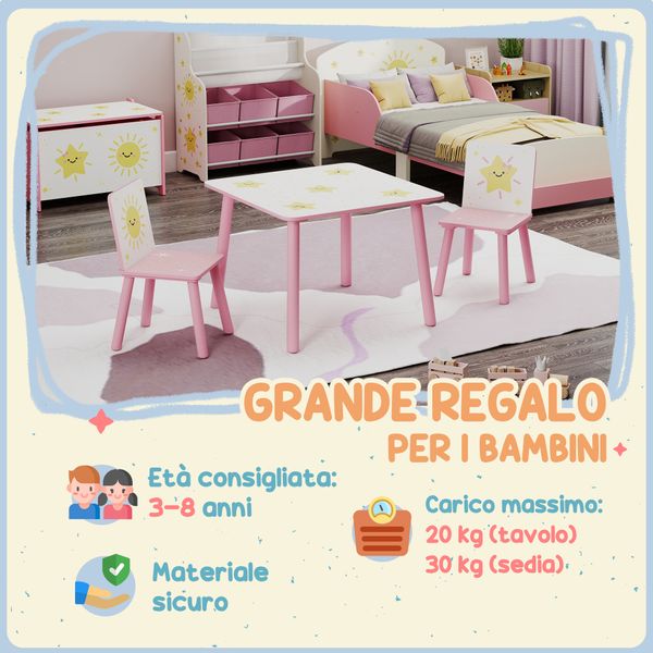 Set arredo cameretta con tavolo e 2 sedie, altezza adatta per bambini da 3-8 anni con fantasia a stelle, rosa - 