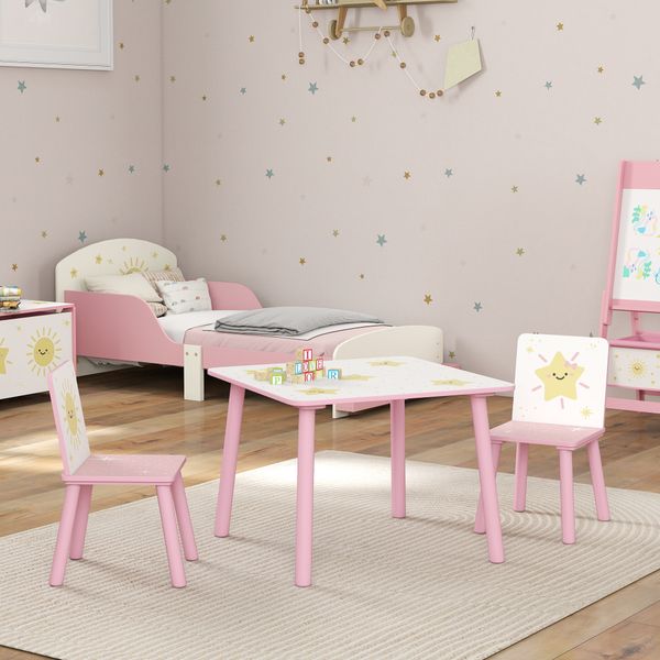 Set arredo cameretta con tavolo e 2 sedie, altezza adatta per bambini da 3-8 anni con fantasia a stelle, rosa - 