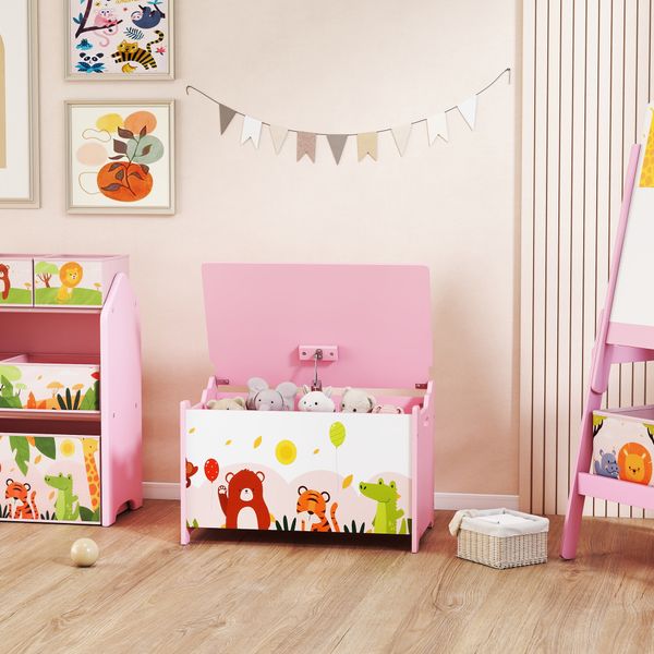 Baule portagiochi per bambini con cerniere di sicurezza in legno con disegni di animali, 60x37x39 cm, rosa - 