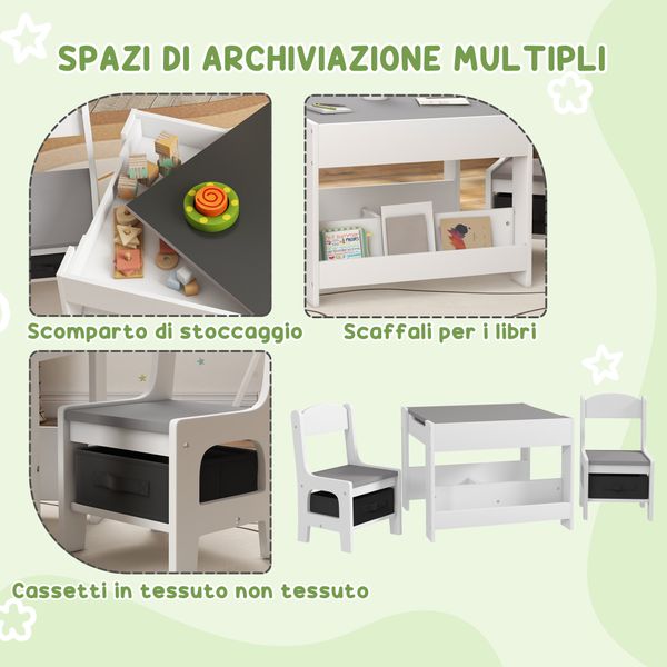 Set tavolino per bambini e 2 sedie, piano del tavolo 3 in 1 con lavagna e contenitori, grigio - 