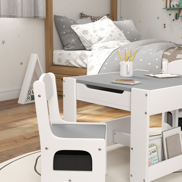 Set tavolino per bambini e 2 sedie, piano del tavolo 3 in 1 con lavagna e contenitori, grigio - 