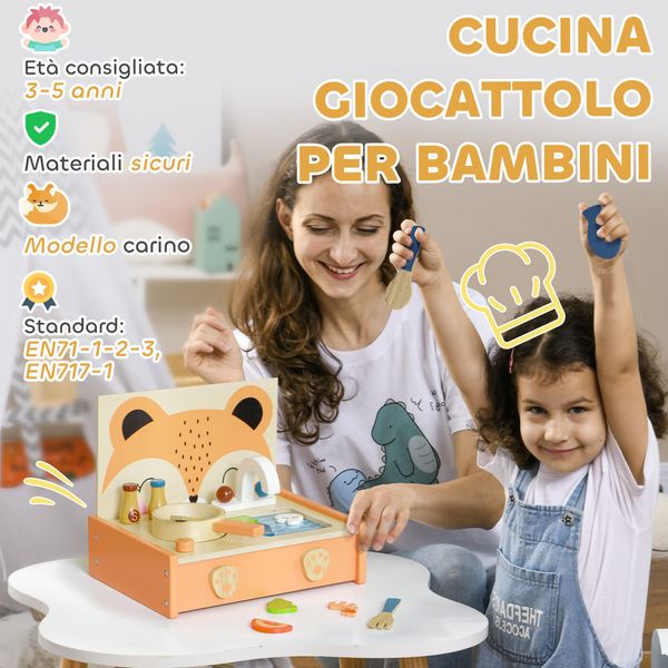 Cucina giocattolo per bambini 3-5 anni con fornello e 12 accessori in legno, multicolore - 
