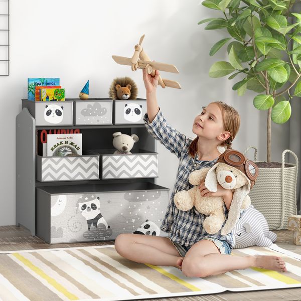 Scaffale portagiochi per bambini con 6 contenitori rimovibili in tessuto, 63x30x66cm, grigio - 