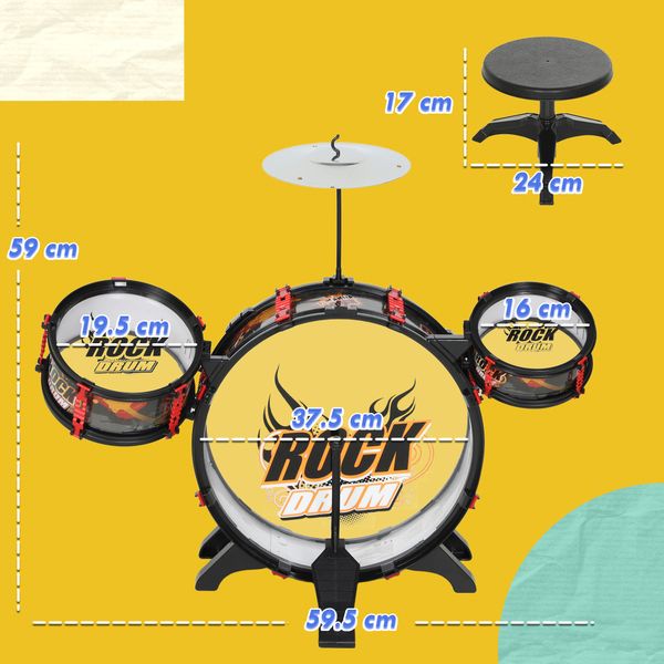 Set batteria giocattolo per bambini con sgabello, gioco musicale per bambini 3-6 anni, nero - 