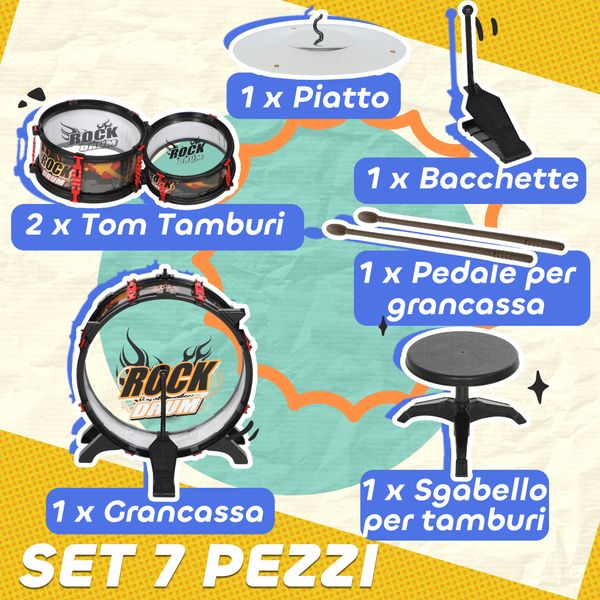 Set batteria giocattolo per bambini con sgabello, gioco musicale per bambini 3-6 anni, nero - 