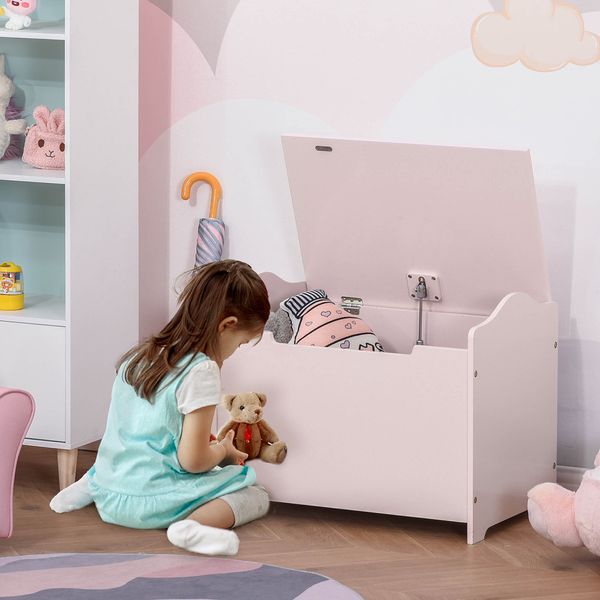 Cassapanca portagiochi in legno, panca contenitore per cameretta coperchio con pistone pneumatico, 60x40x48cm, rosa - 