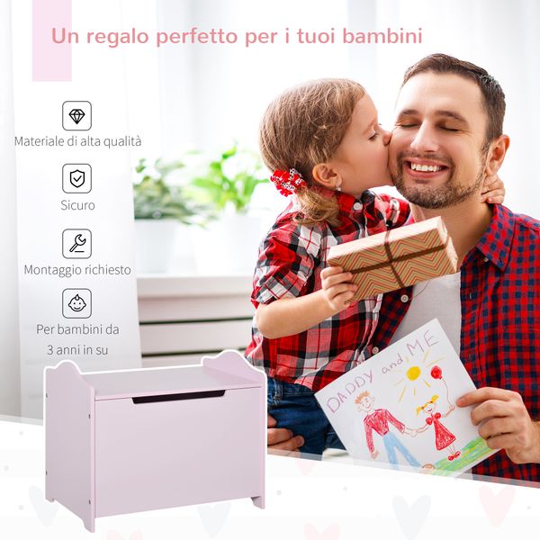 Cassapanca portagiochi in legno, panca contenitore per cameretta coperchio con pistone pneumatico, 60x40x48cm, rosa - 