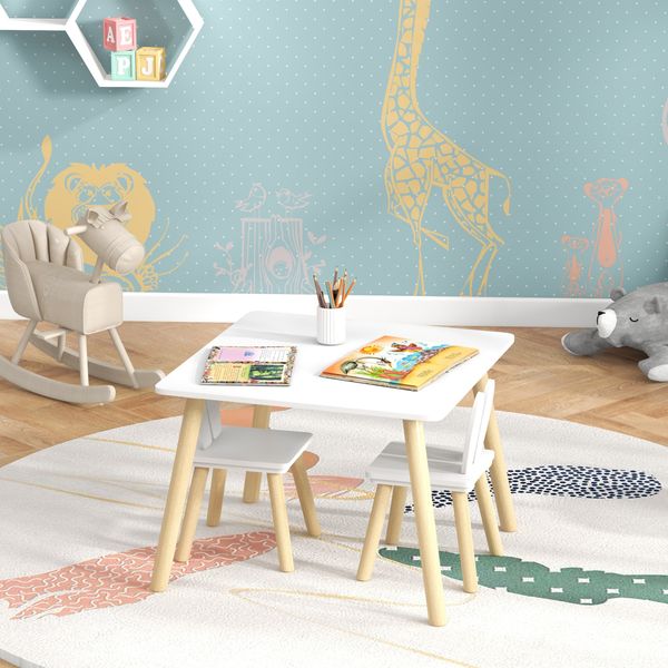 Set tavolo e 2 sedie per bambini con schienale a orecchie di coniglio, età 3-6 anni, bianco - 
