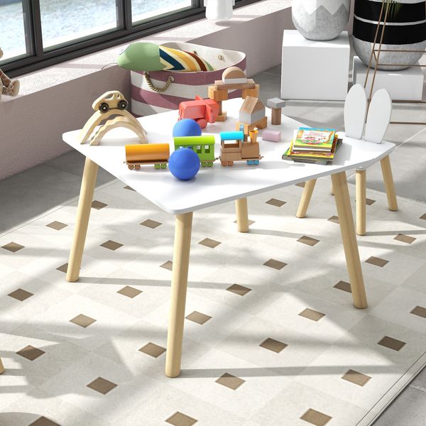 Set tavolo e 2 sedie per bambini con schienale a orecchie di coniglio, età 3-6 anni, bianco - 