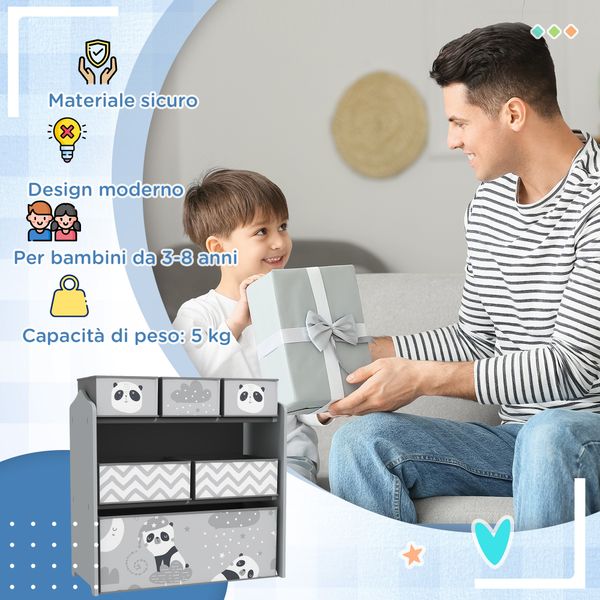 Scaffale portagiochi per bambini con 6 contenitori rimovibili in tessuto, 63x30x66cm, grigio - 