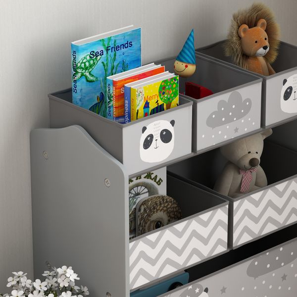Scaffale portagiochi per bambini con 6 contenitori rimovibili in tessuto, 63x30x66cm, grigio - 