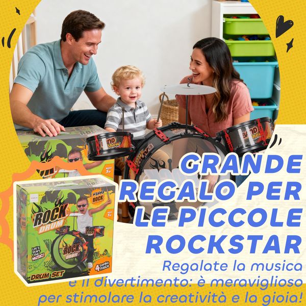 Set batteria giocattolo per bambini con sgabello, gioco musicale per bambini 3-6 anni, nero - 