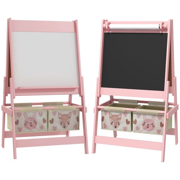 Lavagna per bambini con cavalletto 3 in 1 e 2 contenitori, età 3-8 anni, 54x46.5x93cm, rosa - 