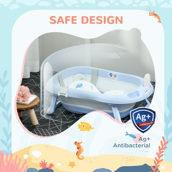 Vaschetta bagnetto pieghevole bambini 0-6 anni con cuscino e 2 ripiani, 83x48x23.5 cm, blu e bianco - 