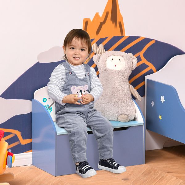 Panca contenitore portagiochi 2 in 1 in legno, cassapanca con schienale per bambini da 3-6 anni, 60x30x50 cm, blu - 