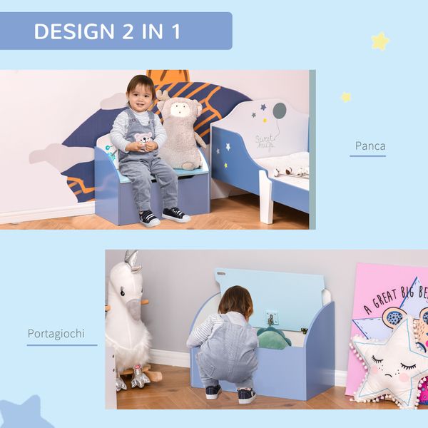 Panca contenitore portagiochi 2 in 1 in legno, cassapanca con schienale per bambini da 3-6 anni, 60x30x50 cm, blu - 