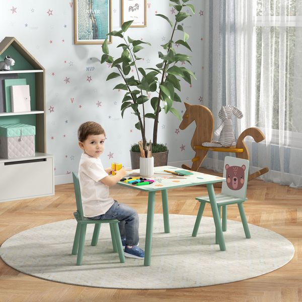 Set tavolo e sedie 3 pezzi per bambini 3-8 anni in mdf e legno di pino, verde - 