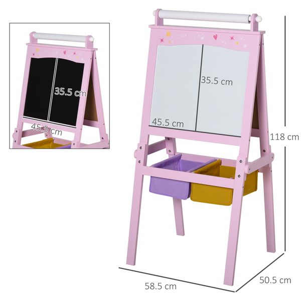 Lavagnetta per bambini in legno rosa con cavalletto 3 in 1: lavagna bianca, nera e con rullo fogli di carta - 