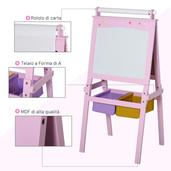 Lavagnetta per bambini in legno rosa con cavalletto 3 in 1: lavagna bianca, nera e con rullo fogli di carta - 