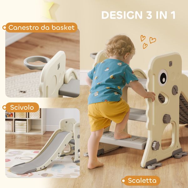 Scivolo per bambini pieghevole con canestro e palla da basket, in pp e hdpe, 146x52x65 cm, grigio e crema - 