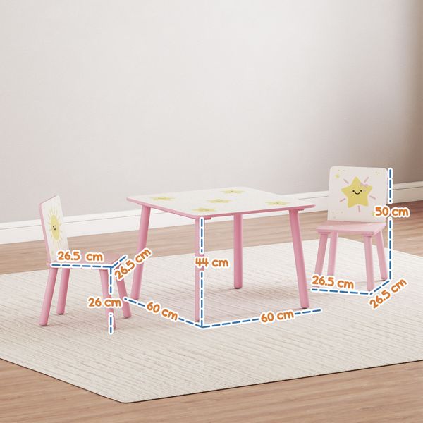 Set arredo cameretta con tavolo e 2 sedie, altezza adatta per bambini da 3-8 anni con fantasia a stelle, rosa - 