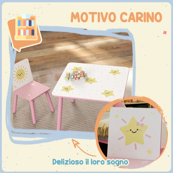 Set arredo cameretta con tavolo e 2 sedie, altezza adatta per bambini da 3-8 anni con fantasia a stelle, rosa - 