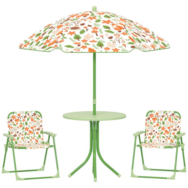 Set da giardino per bambini 2-5 anni con tavolino rotondo, 2 sedie pieghevoli e un ombrellone, verde - 