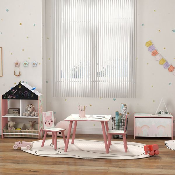 Set tavolo e sedie 3 pezzi per bambini 3-8 anni in mdf e legno di pino con disegni di animali, rosa - 