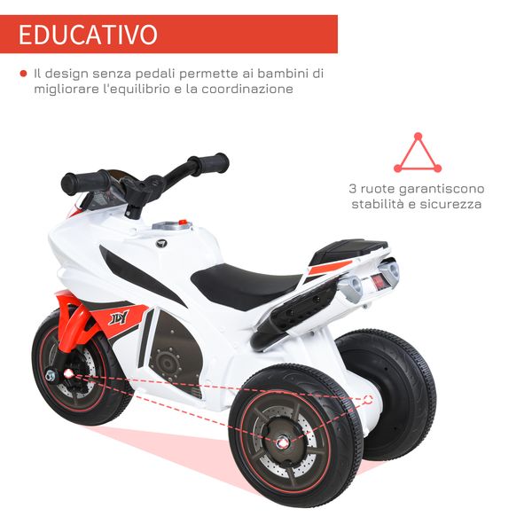 Moto giocattolo a 3 ruote per bambini 18-36 mesi, motocicletta cavalcabile stile polizia con musica e fari senza pedali in pp e metallo bianco e rosso - 