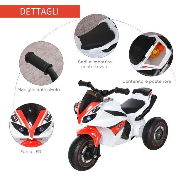 Moto giocattolo a 3 ruote per bambini 18-36 mesi, motocicletta cavalcabile stile polizia con musica e fari senza pedali in pp e metallo bianco e rosso - 