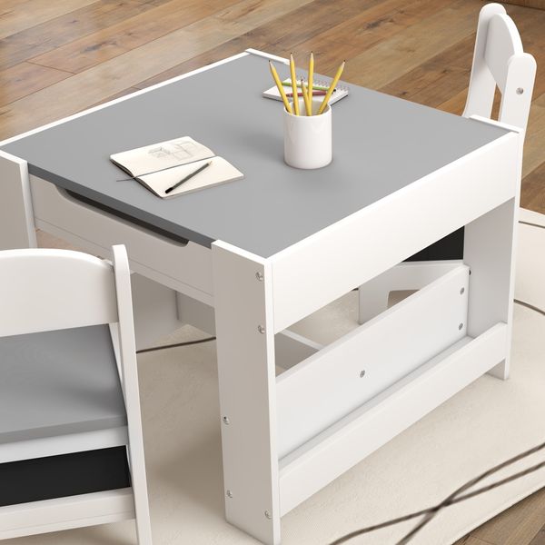 Set tavolino per bambini e 2 sedie, piano del tavolo 3 in 1 con lavagna e contenitori, grigio - 