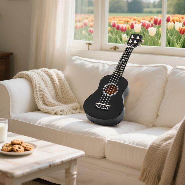 Ukulele per principianti da 21 pollici in legno con corde in nylon, plettro e corda di ricambio, nero - 