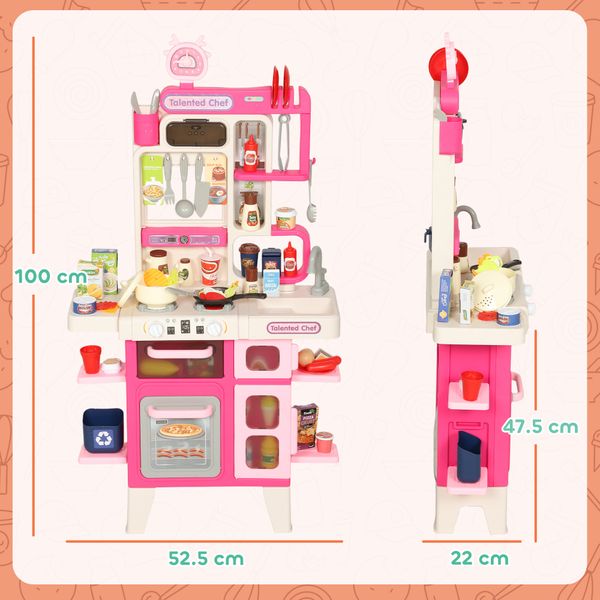Cucina giocattolo per bambini 3-6 anni con 104 accessori, in pp, pe e abs, 52.5x22x100 cm, rosa - 
