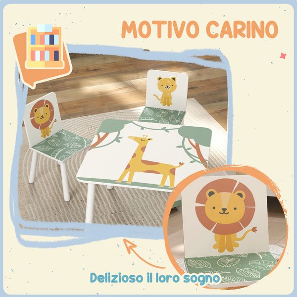 Set arredo cameretta con tavolo e 2 sedie per bambini da 3-8 anni con fantasia con animali, verde - 