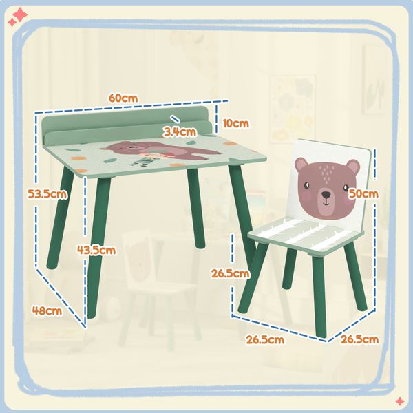 Set sedia e tavolino per bambini con ripiano portaoggetti, in mdf e legno di pino, verde - 