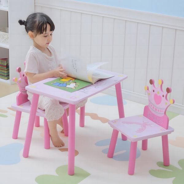 Set tavolo e 2 sedie a tema principesse per cameretta bambini in legno rosa con schienale a forma di corona - 